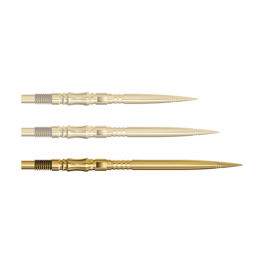 Punte per freccette Harrows Quick Point Axis Elite Series - Oro Eine einzelne Dartspitze in Gold ist von nahe gezeigt. Die Spitze ist nach rechts ausgerichtet.