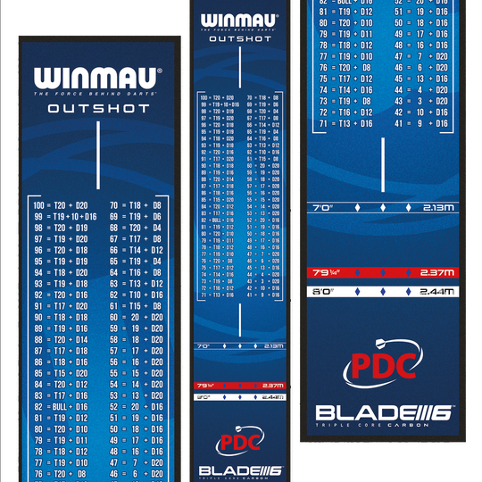Tappetino per freccette Winmau Outshot Das Bild zeigt die Winmau Outshot Dartmatte 2024 in Blau mit Tabellen für Checkout-Werte beim Dartspiel. Unten auf der Matte sind Markierungen für verschiedene Distanzen und das PDC-Logo zu sehen.