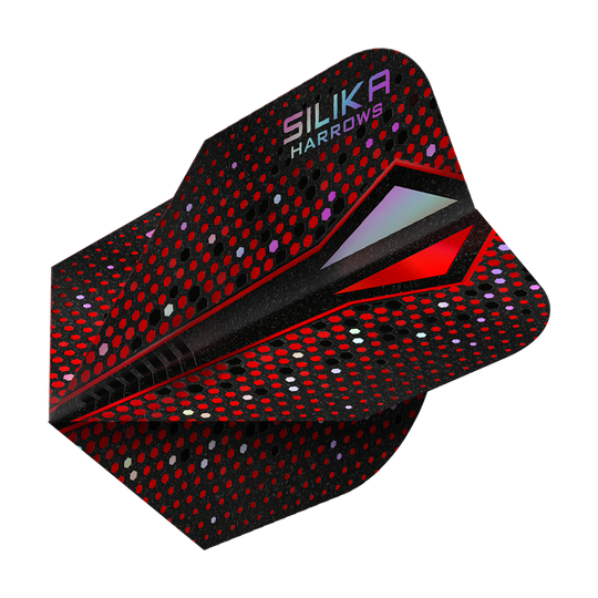 Rivestimento cristallino resistente Harrows Silika Colourshift Red-X No6 Flights Das Bild zeigt das Produkt "Harrows Silika Colourshift Tough Crystalline Coating Red-X No6 Flights". Die Dart-Flights sind überwiegend schwarz mit roten und bunten Punkten und haben einen modernen, glänzenden Look.