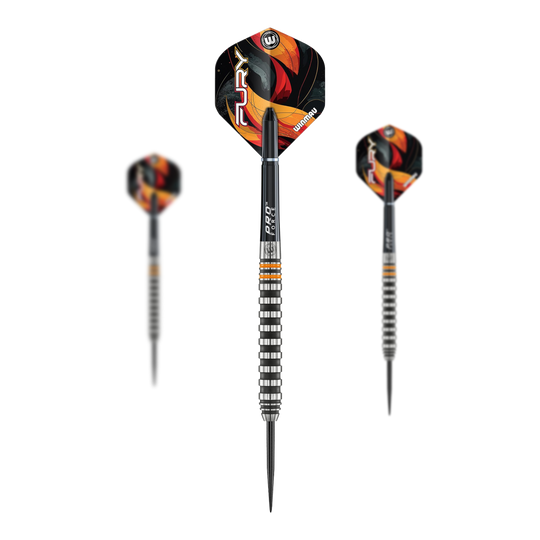 Freccette in acciaio Winmau Fury - 22 g Das Bild zeigt die Winmau Fury Steeldarts mit einem Gewicht von 22g. Diese Darts sind für Steeldartspieler geeignet.