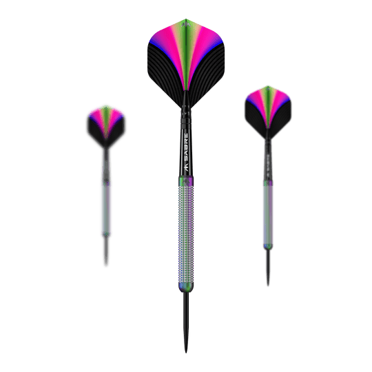 Freccette in acciaio PVD Mission Aurora Coral - 23 g Die Abbildung zeigt die "Mission Aurora Coral PVD Steeldarts - 23g". Die Darts haben ein farbenfrohes Design in Pink, Grün und Schwarz mit einem glänzenden Griff.