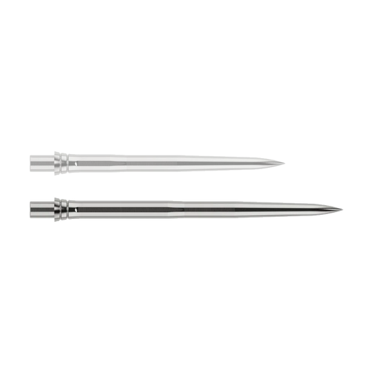Abgebildet ist eine silberne Dartspitze mit einer Länge von 32mm. Die Spitze hat ein glattes Design und eignet sich für den Einsatz im Dartsport.