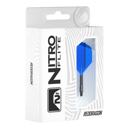 Red Dragon Nitroflite - Black Shaft Blue No. 2 Voli Die Verpackung zeigt das Produkt "Red Dragon Nitroflite - Black Shaft Blue No2 Flights". Im Sichtfenster ist ein blauer Dart-Flügel mit schwarzem Schaft zu sehen.