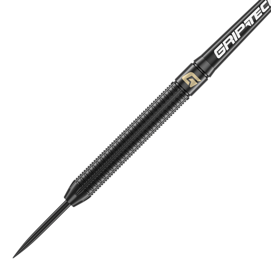 Freccette in acciaio GOAT Athlete in ottone nero - 13 g Das Bild zeigt einen schwarzen Steeldart mit dem Namen "GOAT Athlete Black Brass Steeldarts - 13g". Der Dart hat eine geriffelte Oberfläche für besseren Halt und trägt den Schriftzug "GRIP-TEC".