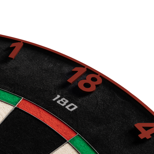Bersaglio per freccette in acciaio Precise 180 Endorphine con anello numerato - Rosso sbiadito Gezeigt wird das Precise 180 Endorphine Steeldartboard mit Nummernring in Faded Red. Das Bild beschreibt das Produkt für den Dartbereich.