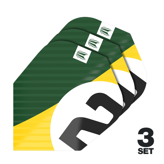 Alette Target Pro Ultra Chicane Green No6 - 3 set Das Bild zeigt drei Sätze der Target Pro Ultra Chicane Green No6 Flights. Die Flights sind in den Farben Grün, Gelb, Weiß und Schwarz gestaltet.