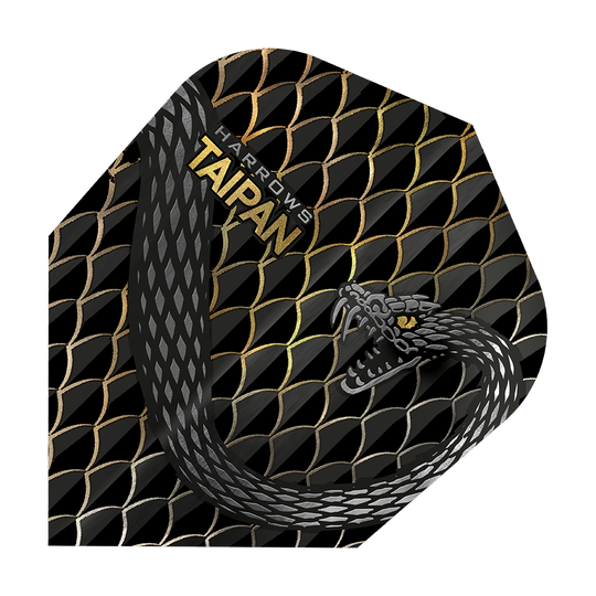 HR25_Harrows_Taipan_Gold_Standard_Flights_1 Das Bild zeigt ein Dart-Flight mit dem Namen "Harrows Taipan". Das Design ist schwarz-gold mit einer Schlangenschuppe und einer gezeichneten Schlange.