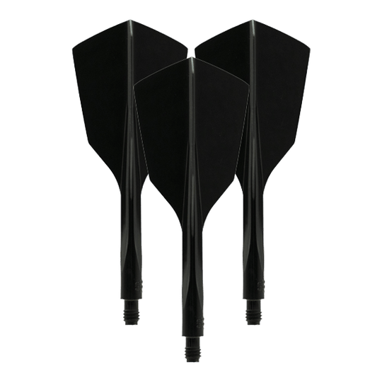 Condor Ax 120 Flight System Nero - Stretto Das Bild zeigt drei schwarze, schmale Dartflights des Modells "Condor Axe 120 Flight-System". Sie sind nebeneinander mit der Spitze nach unten ausgerichtet.