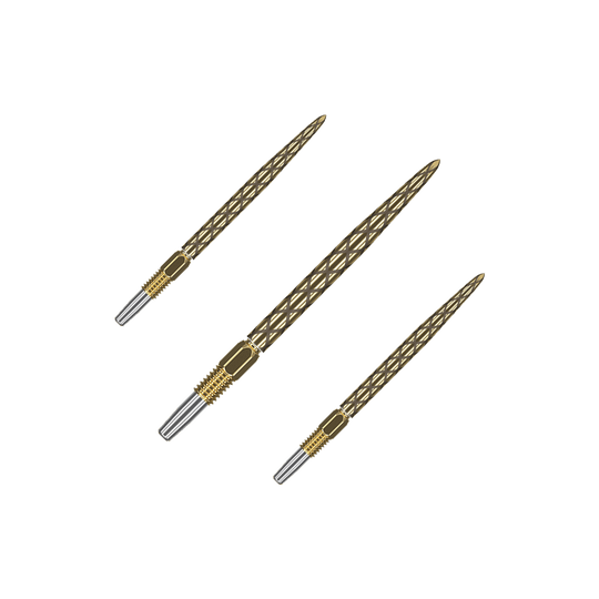 Punte per freccette Target Swiss Diamond Pro Gold Goldene Dartspitzen mit matter Struktur liegen nebeneinander. Das Set ist auf einem hellen Hintergrund platziert.