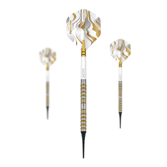 Freccette morbide parallele Red Dragon Paradym Gold - 20 g Abgebildet ist ein Set der Red Dragon Paradym Gold Parallel Softdarts - 20g. Das Set besteht aus mehreren goldenen Darts.