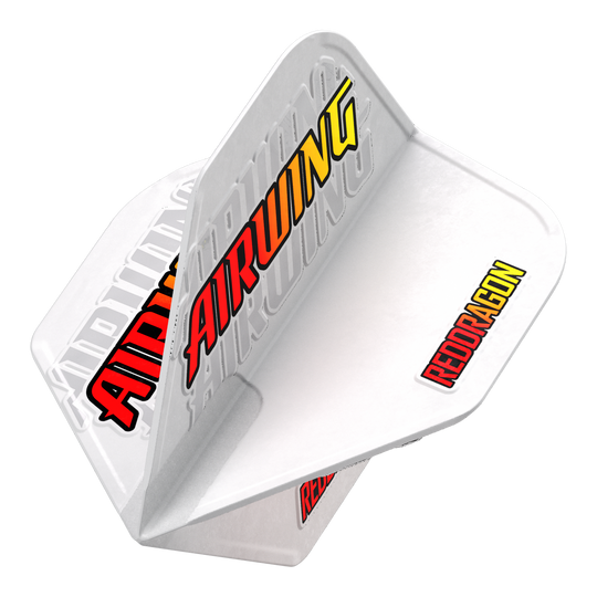 Voli standard con logo rosso Red Dragon Airwing Das Bild zeigt das Produkt "Red Dragon Airwing Red Logo Standard Flights" für Darts. Die Flights sind weiß mit den auffälligen Schriftzügen "AIRWING" und "REDDRAGON" in rot und gelb.