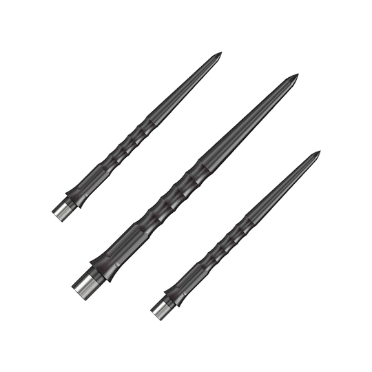 Punte Caliburn System Steeldart - Ripple - NoLip - Nere Das Bild zeigt drei schwarze Steeldartspitzen mit einer gerippten Oberfläche. Die Spitzen sind schlank und haben eine Länge von 32 mm.