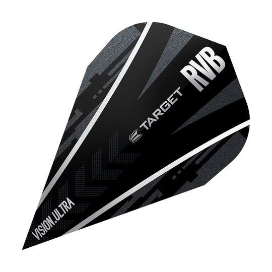 TG58_331780_Target_Ultra_Ghost_RvB_Vapor_Flights_1D8VmMg0ksKsg9 Das Bild zeigt das Produkt „Target Ultra Ghost RvB Vapor Flights“. Es handelt sich um ein schwarzes Dart-Flight mit silbernen und grauen Akzenten sowie der Aufschrift „TARGET RVB Vision Ultra“.