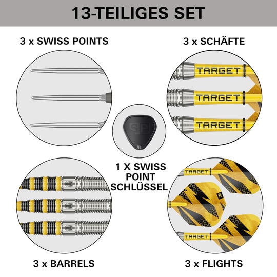 Freccette in acciaio Target Buzz 03 Swiss Points Auf diesem Bild sieht man die Target Buzz 03 Swiss Points Steeldarts. Sie sind für ambitionierte Dartspieler geeignet.
