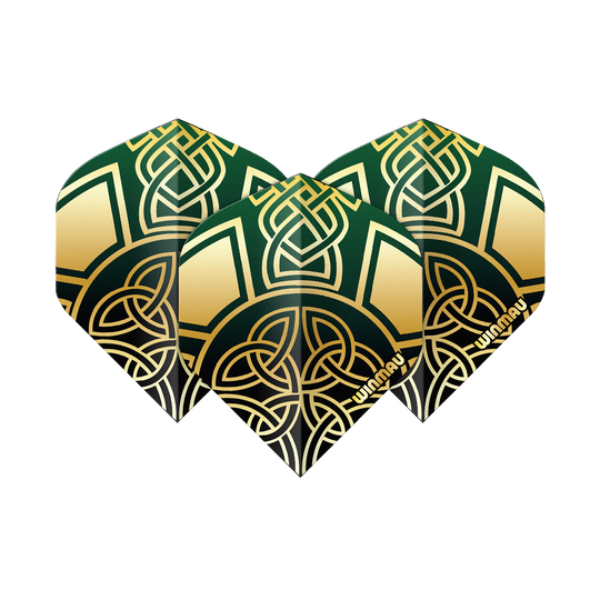 Voli standard Winmau Prism Delta Brendan Dolan Celtic Knot Black Gold No2 Zu sehen sind die Winmau Prism Delta Brendan Dolan Celtic Knot Black Gold No2 Standard Flights. Diese Darts-Flights haben ein schwarzes und goldenes keltisches Knoten-Design.