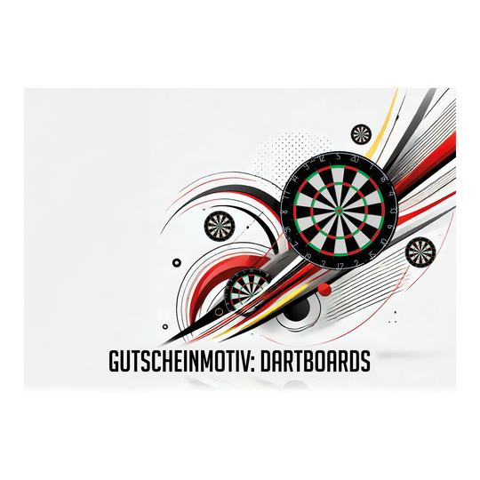Buono - Bersagli per freccette Das Bild zeigt mehrere stilisierte Dartboards mit dynamischen Linien und Kreisen im Hintergrund. Unten steht der Text "GUTSCHEINMOTIV: DARTBOARDS".