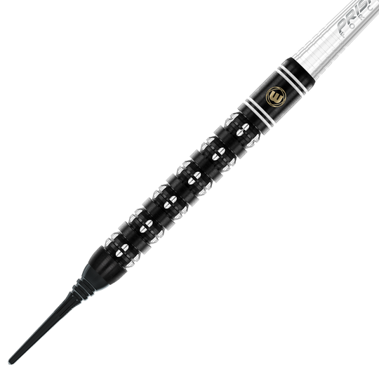 2459_Winmau_Danny_Noppert_Freeze_Edition_Softdarts_2 Das Bild zeigt einen Winmau Danny Noppert Freeze Edition Softdart mit einem Gewicht von 20 Gramm. Der Dart hat ein auffälliges schwarzes und silbernes Griffdesign mit feinen Rillen.