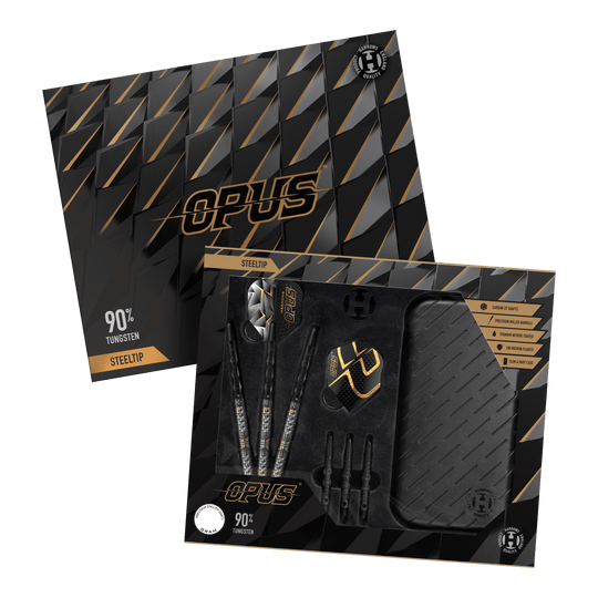 Freccette in acciaio Opus Quick Point di Harrow Harrows Opus Quick Point Steeldarts - 23g. Es werden drei Steeldarts mit 23 Gramm aus der Harrows Opus Reihe dargestellt.