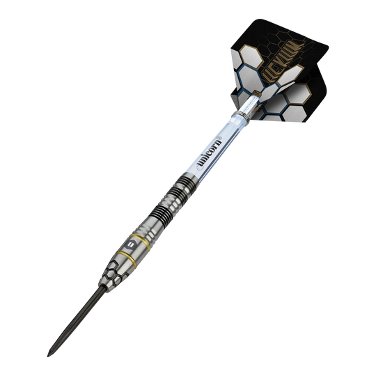 Freccette in acciaio Unicorn Hexium Style 01 nere e oro Hier sieht man die Unicorn Hexium Style 01 Black & Gold Steeldarts. Die Darts haben eine Kombination aus schwarzen und goldenen Elementen.