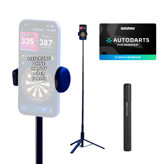 Pacchetto Winmau Autodarts con supporto per dispositivo e abbonamento di 12 mesi. Zu sehen ist das Winmau Device Stand & 12 Monate Membership Bundle. Das Set umfasst einen stabilen Geräteständer und eine 12-monatige Mitgliedschaft.