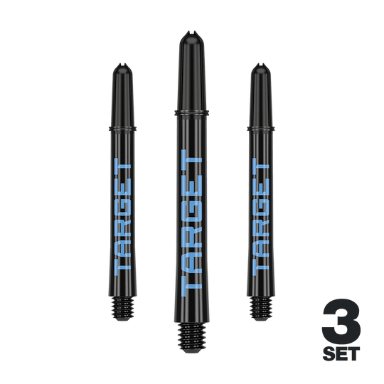 Aste Target Pro Grip TAG - 3 set - Nero Blu Das Bild zeigt drei schwarze Dartschäfte mit blauer "TARGET"-Aufschrift. In der rechten unteren Ecke steht "3 SET".