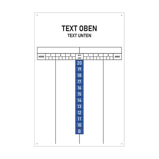 INSCORE2_Scoreboard_mit_Wunschdruck_40x60cm_Blau_1 Das Bild zeigt eine Anzeigetafel mit Feldern für Heim- und Auswärtsteams sowie Sets und Legs. In der Mitte sind die Zahlen von 20 bis 10 und ein Feld mit „B“ in blauer Farbe angeordnet.