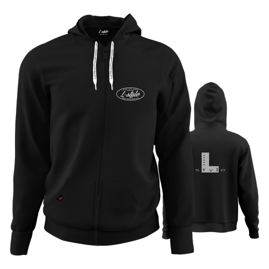 Felpa con cappuccio L-Style - Nero Der "L-Style Hoodie - Schwarz" ist ein schwarzer Kapuzenpulli mit Reißverschluss und weißen Kordeln. Auf der Vorderseite befindet sich ein kleines "L-Style"-Logo, während auf der Rückseite ein großes "L style"-Design zu sehen ist.