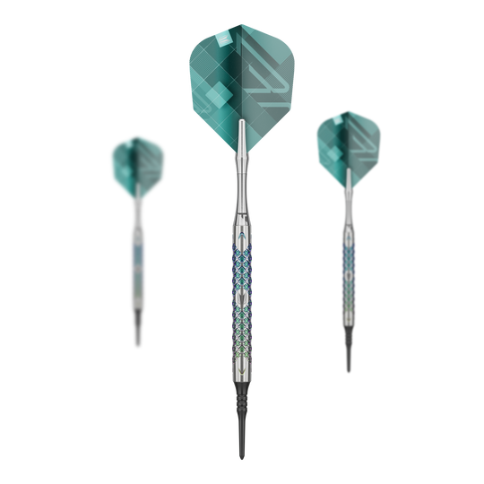 Target Rove 10 freccette morbide Das Bild zeigt drei Softdarts des Modells "Target Rove 10" mit silbernen Schäften und grünen Flights. Die Darts sind elegant gestaltet und stehen vor einem schwarzen Hintergrund.