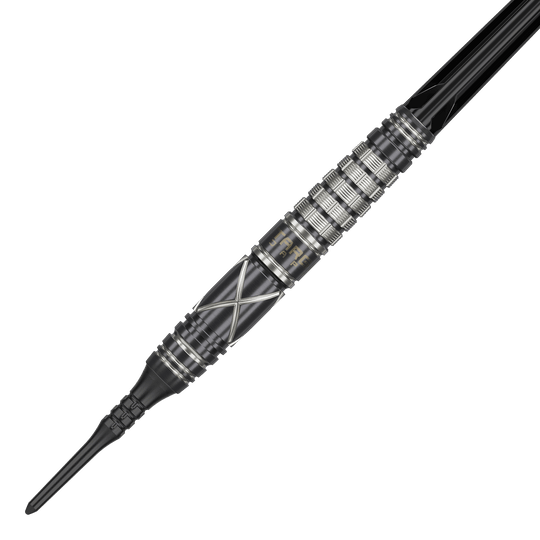 Target Japan Black Marque Chaos 2 freccette morbide - 19 g Auf dem Bild ist ein Softdart der Marke "Target Japan Black Marque Chaos 2" mit 19g Gewicht zu sehen. Der Dartpfeil hat ein schwarzes Design mit silbernen Akzenten und einer geriffelten Griffzone.
