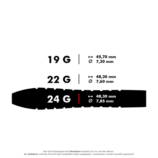 Freccette in acciaio Winmau Dennis Priestley Diamond 3-Zero Das Bild zeigt unterschiedliche Gewichte und Maße von Steeldarts. Die 24-Gramm-Variante ist 48,30 mm lang und hat einen Durchmesser von 7,85 mm.