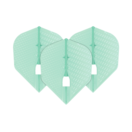 L-Style Flights Dimple Champagne L3PRO Shape Das Bild zeigt drei mintgrüne Dart-Flights mit einer Dimple-Oberfläche. Sie haben die charakteristische Form des L-Style Flights Dimple Champagne L3PRO Shape.