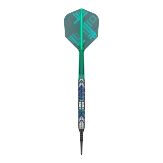 Target Japan Kaze Series Ceros 03 Freccette morbide - 19 g Das Bild zeigt einen Target Japan Kaze Series Ceros 03 Softdart mit einem Gewicht von 19 Gramm. Der Dart hat ein auffälliges Design mit blauen und silbernen Mustern sowie einer grünen Flight.