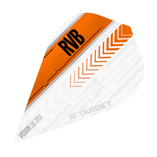 TG59_332040_Target_Vision_Ultra_RvB_Orange_Vapor_Flights_1pgcH20JL8fFOo Das Bild zeigt ein Dartflight mit dem Namen "Target Vision Ultra RvB Orange Vapor Flights". Das Design ist überwiegend weiß mit orangen und schwarzen Akzenten sowie der Aufschrift "RVB".