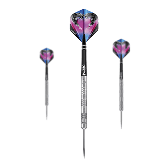 Freccette in acciaio Red Dragon Peter Wright Snakebite Euro 11 Das Bild zeigt drei Steeldarts des Modells "Red Dragon Peter Wright Snakebite Euro 11". Die Flights der Darts sind farbenfroh gestaltet und zeigen zwei Schlangen.