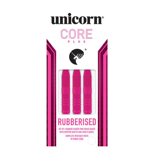 Freccette in acciaio rosa gommate Unicorn Core Plus Das Bild zeigt eine Packung mit drei pinken, gummierten Steeldarts der Marke Unicorn Core Plus. Die Darts haben geriffelte Griffe und werden in einer weiß-pinken Verpackung präsentiert.