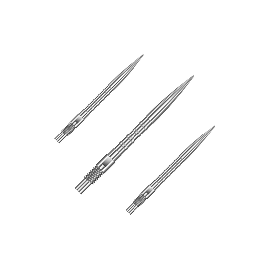 Punte per freccette Harrows Quick Point Heavy Metal - Argento Das Bild zeigt ein Set von Harrows Quick Point Heavy Metal Grip Dartspitzen in Silber mit 26mm Länge. Es sind mehrere Dartspitzen auf dem Bild abgebildet.