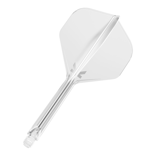 Target K-Flex No2 Standard Flight System - Trasparente Das Bild zeigt einen klaren Dart-Flight mit integriertem Schaft. Das Design ist schlicht und durchsichtig, mit einem kleinen grauen Logo auf dem Flight.