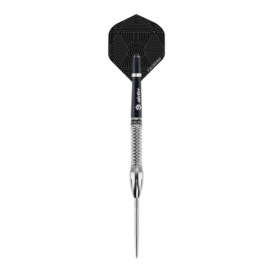 Freccette in acciaio Caliburn Wolfpack W4 - 20 g Das Bild zeigt einen Caliburn Wolfpack W4 Steeldart mit einem Gewicht von 20g. Der Dart hat ein silbernes Griffstück und einen schwarz gemusterten Flight.