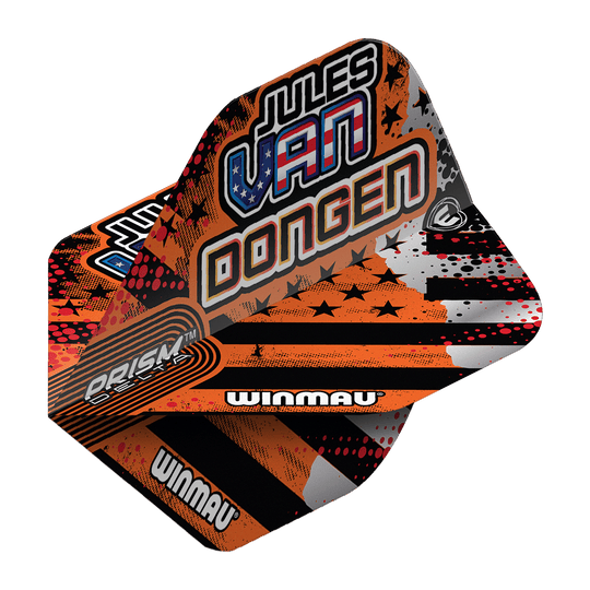 Voli standard Winmau Prism Delta Jules Van Dongen Das Bild zeigt die Winmau Prism Delta Jules Van Dongen Standard Flights. Die Flights haben ein auffälliges Design mit orangenen, schwarzen und weißen Farben sowie dem Namen "Jules Van Dongen" aufgedruckt.
