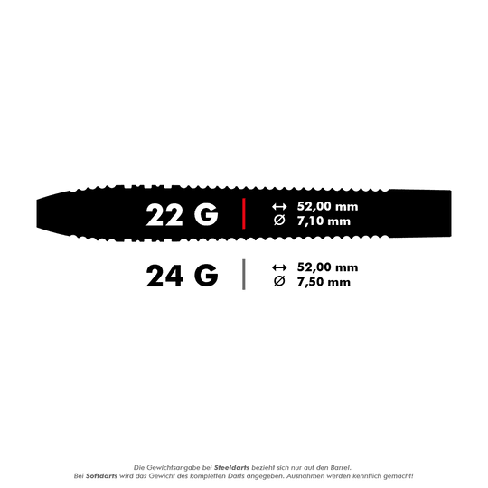 190216_Target_Nathan_Aspinall_Black_Swiss_Point_Steeldarts_5_22g Das Bild zeigt zwei verschiedene Steeldarts mit den Gewichten 22 Gramm und 24 Gramm. Die Längen und Durchmesser sind jeweils 52,00 mm und 7,10 mm für 22 g sowie 52,00 mm und 7,50 mm für 24 g.