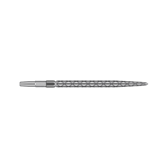 Punte per freccette Target Swiss Diamond Pro Silver Points Das Bild zeigt eine silberne Dartspitze mit einem Rautenmuster entlang des Schafts. Die Spitze ist gerade und hat feine Gravuren zur besseren Griffigkeit.