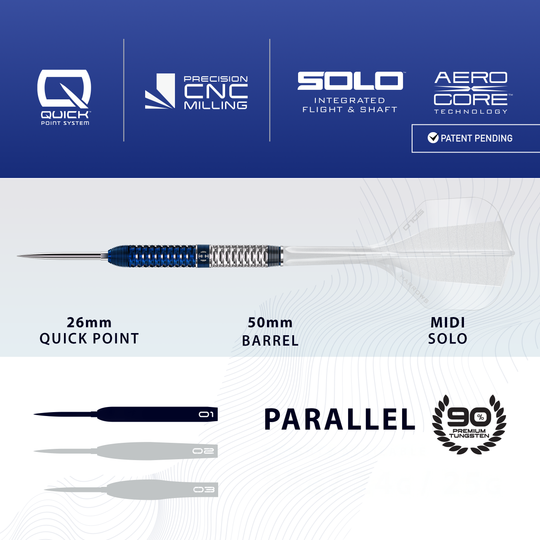 Das Bild zeigt Harrows GEO Parallel Quick Point Steeldarts. Der Pfeil und sein Aussehen werden präsentiert.