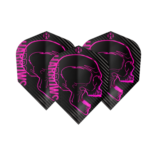 Voli Harrows Rage Pink No6 Das Bild zeigt drei schwarze Dartflights mit einem auffälligen pinken Totenkopf-Design. Auf den Flights steht seitlich in pink der Schriftzug "Harrows".
