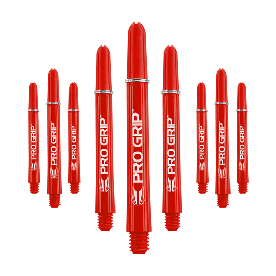 Das Bild zeigt neun rote Dartschäfte mit der Aufschrift "PRO GRIP". Sie sind in drei Gruppen zu je drei Schäften angeordnet.