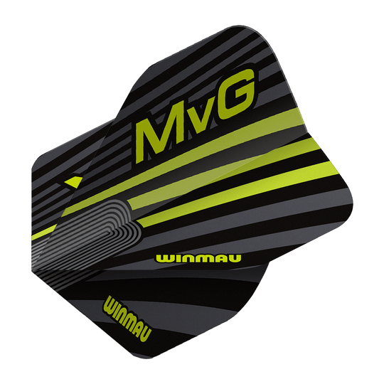 Voli standard Winmau Prism Delta MvG Grigio Verde No2 Das Bild zeigt die Winmau Prism Delta MvG Grey Green No2 Standard Flights. Es handelt sich um Dart-Flights in Grau und Grün.