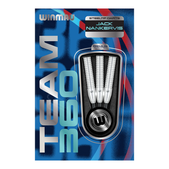 Freccette in acciaio Winmau Team 360 Jack Nankervis - 24 g Das Bild zeigt die Winmau Team 360 Jack Nankervis Steeldarts mit 24g Gewicht. Ideal für Dartspieler, die hochwertige Steeldarts bevorzugen.