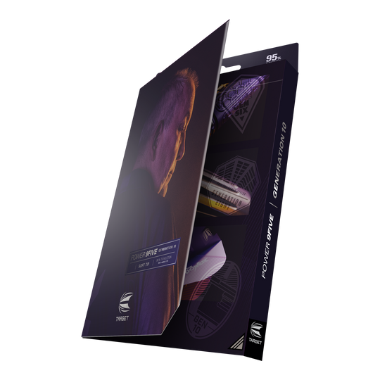 Freccette morbide Target Phil Taylor Power 9Five GEN10 Die Abbildung zeigt die Verpackung der "Target Phil Taylor Power 9Five GEN10 Softdarts". Auf der Vorderseite ist ein Porträtfoto sowie der Produktname zu sehen.