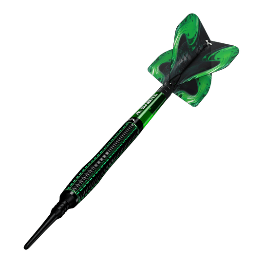 Freccette morbide Mission Venom - 20 g Das Bild zeigt einen Mission Venom Softdart mit einem Gewicht von 20g. Der Dart ist schwarz und grün gestaltet und hat ein auffälliges Design am Flight.