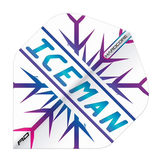 TF6827_Red_Dragon_Hardcore_Gerwyn_Price_Rainbow_Snowflake_Standard_Flights_1dqsiN0nraDedB Dieses Bild zeigt ein Dartflight mit einem auffälligen Schneeflocken-Design in Blau und Lila. In der Mitte steht das Wort "ICEMAN" und in der Ecke ist das Wort "HARDCORE" zu sehen.