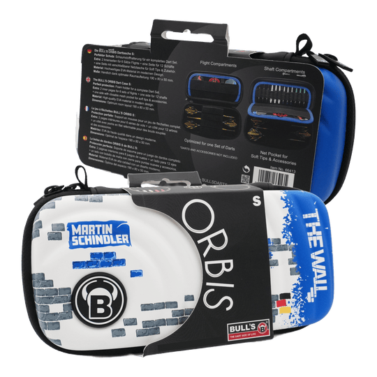 Custodia per freccette Bulls Orbis S Martin Schindler Das Bild zeigt das Produkt "Bulls Orbis S Martin Schindler Dartcase" in einer Verpackung. Das Dartcase ist bunt gestaltet und trägt den Namen "Martin Schindler" sowie "The Wall".